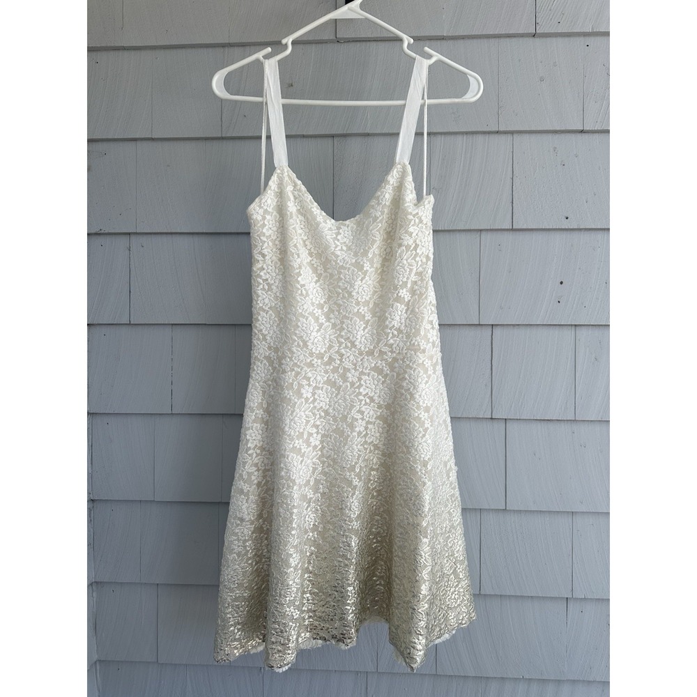 Free People Ivory Lace Slip Dress L Shimmery Floral A-Line Lined Adjustable